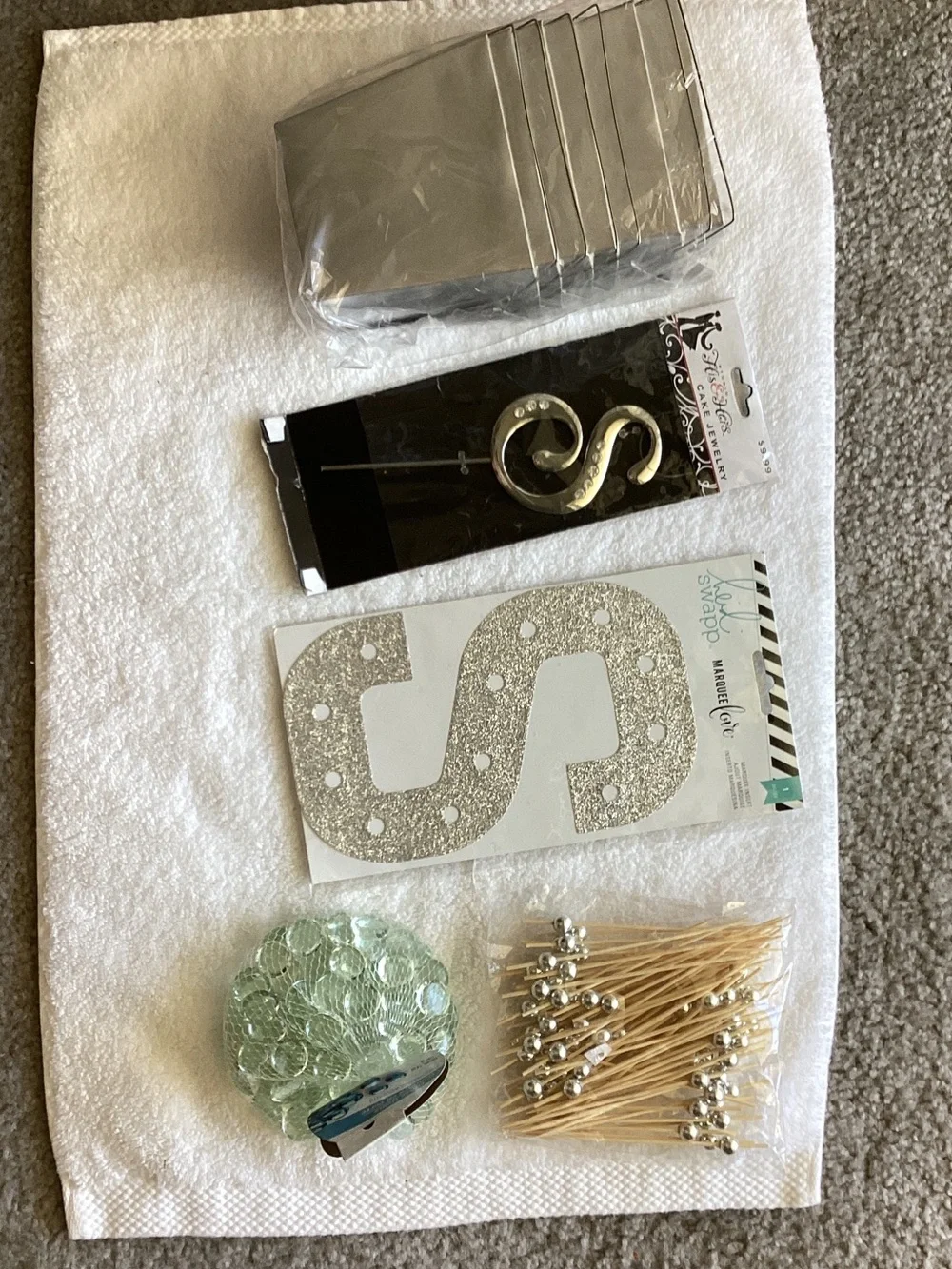 Silver “S” Cake Topper and misc lot of items - see photos